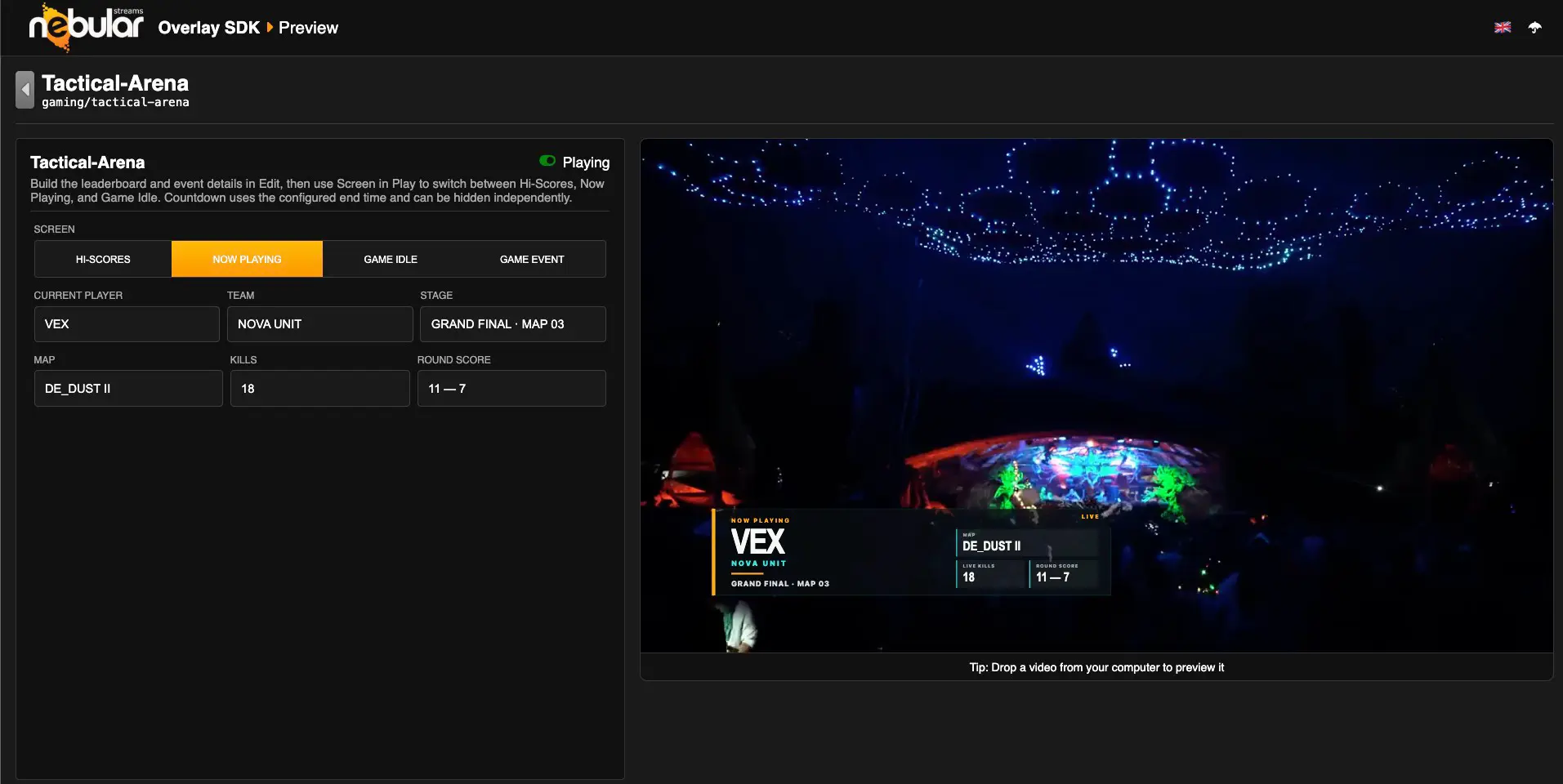 Nebular Overlay Studio controlling a live video overlay